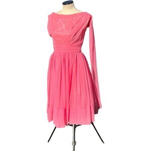 Vtg 1950s Pink Chiffon Dress Roost Back Tails Draped Bodice Full Skirt XS Small